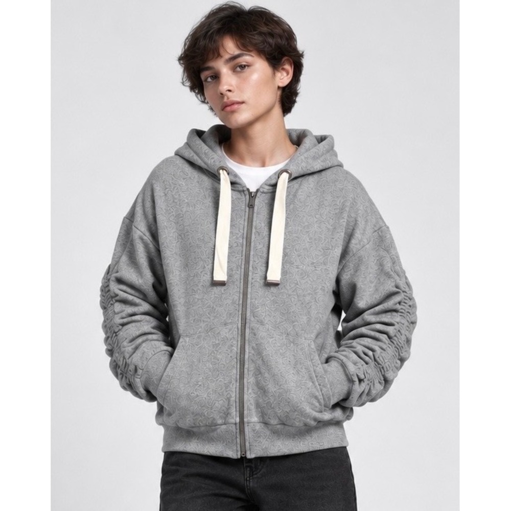 Splendid Womens Grey Ruched Sleeve Full Zip Hoodie Sweatshirt XS